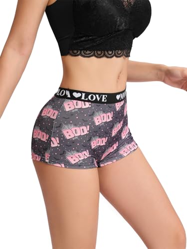 Morvia 6 Pack Gothic Halloween Print Boyshorts High Waist Variety Unterwäsche mit Gummiband Totenkopf Rose Sterne Muster, Mehrfarbig 3, Small