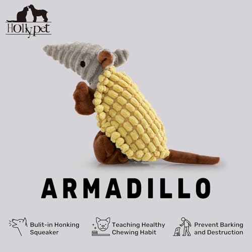 Image of Hollypet Plush Dog Squeaky Toy Stuffed Armadillo Animal Pet Puppy Chew Toys with Clean Teeth for Small Medium Large All Breed Sizes Dogs, Yellow, 8 in