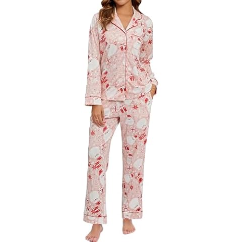 LUBOT Christmas Pajamas 100% Cotton Womens Pajamas Set Soft 2PC PJ Set for Women Long Sleeve Button-Down Xmas Two Piece Sleepwear Loungewear (Santa Claus,M) Cover