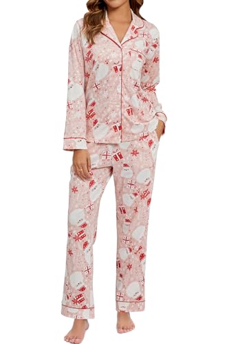 Image of LUBOT Christmas Pajamas for Women 100% Cotton Pajama 2 Piece PJ Set Soft Long Sleeve Button Xmas Print Loungewear XS-XXL