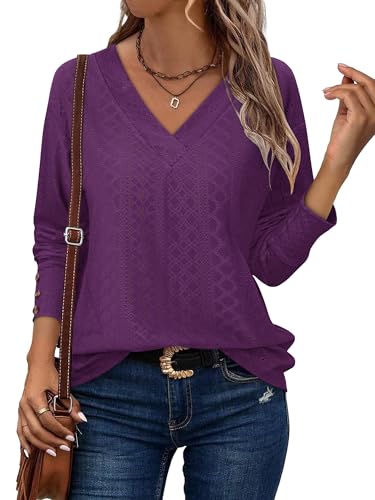 KISSMODA Long Sleeve Fall Shirts For Women V Neck Tunic Tops Embroidered Button Down Knitted Blouses 2025
