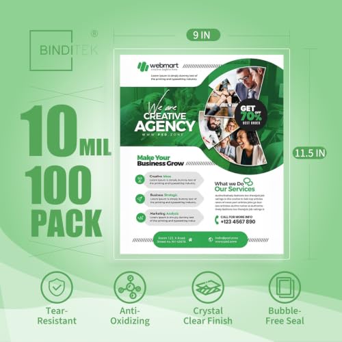 Image of Binditek 10 Mil Thermal Laminating Pouches, 9x11.5 Inches, 100 Pack, Glossy
