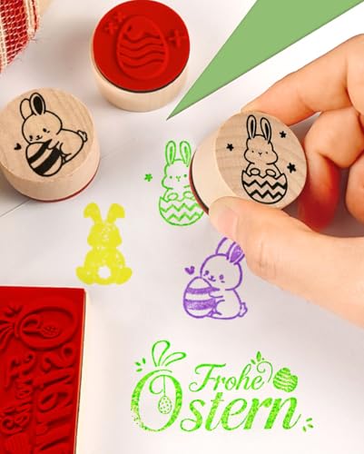 Ostergeschenke Kinder mit 9 verschiedenen Stempel Ostern, 4 bunten Stempelkissen & 5 Ostertattoos Kinder, Stempel Frohe Ostern für Osterkarte Scrapbooking Bullet Journal Osterbasteln mit Kindern