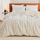 EMME Faux Fur Duvet Cover Queen Size, 3 Pieces Ultra Soft Fluffy Comforter Cover, Cozy Warm for Winter, Luxury Elegant Shaggy Bubble Design Bedding, 1 Duvet Cover & 2 Pillow Shams (Queen, Cream White)