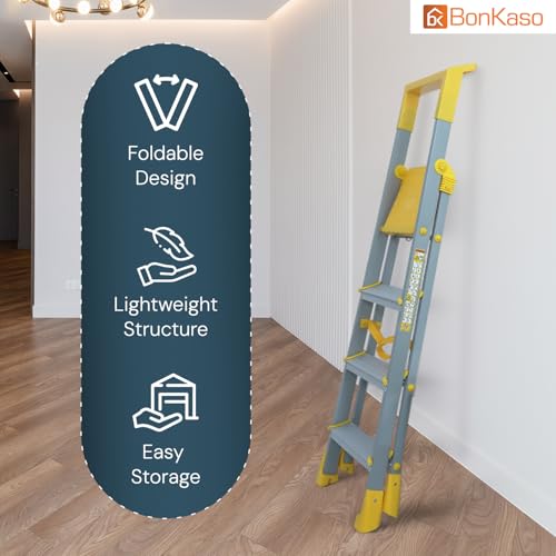 Image of BonKaso Climb Lite Pro+ 4 Step Foldable Ladder with Tool Tray (89.8W x 137H Cm)| Heavy-Duty, Anti-Slip & Firm Grip, Load Capacity Upto 120kg | Durable & Portable (Aluminium Step, Yellow & Satin)