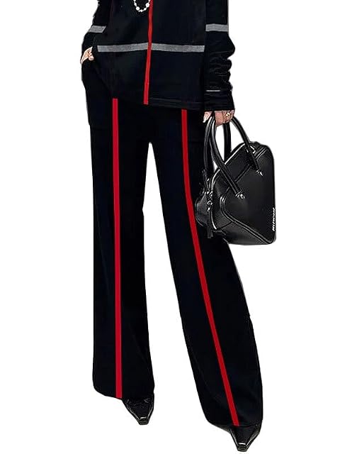 UOOZEE Womens Striped High Waist Wide Leg Pants with Pockets Loose Casual Trousers Business Work Pants