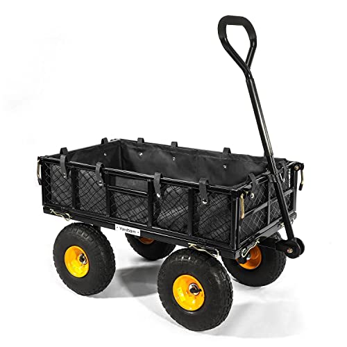 Yardsam Steel Garden Carts, Heavy Duty 400Lbs Utility Wagon Cart With Removable Mesh Sides, Flatbed Convert, Flexible Handle, 10'' Tires, Pvc Liner, For Outdoor, Lawn, Yard, Farm, Black #TOP17