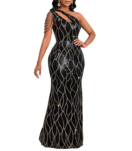 Cololura Women Sequin Elegant Sexy One Shoulder Tassel Mermaid Bodycon Cocktail Evening Dress