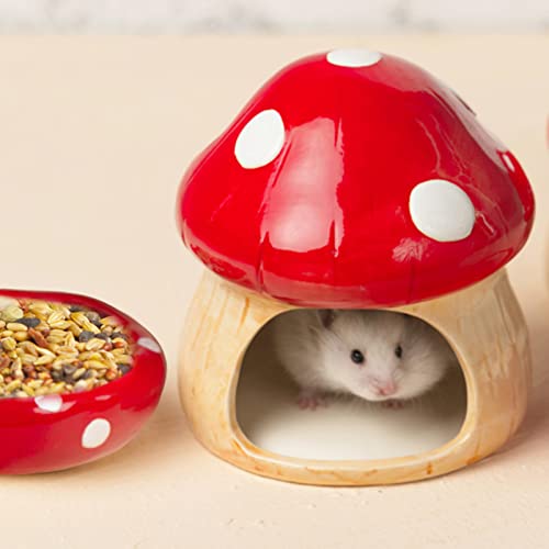 Mushroom Shape Ceramic Cute Shape To Prevent Upset Hamster House Food Feeding Bowl Gerbils Chinchilla Ferret Hedgehog Small Animals (Red Mushroom Set) #TOP1
