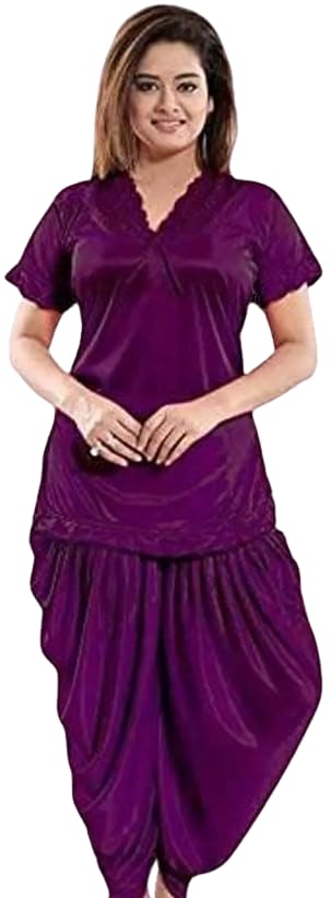 Siriji Creation Women’s Satin Night Suit with Dhoti Bottom | Stylish Patiala-Style Kurta Set Nightwear | Sleepwear for Comfortable Relaxation, Lounge and Sleep Dress (Free Size)-picture-30
