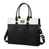 [MOSISO] 女性用 ラップトップケース、15.6インチ PU レザー ラップトップトートワークバッグ、16インチ 大容量 オフィス 旅行用、二重縦縞 ブリーフケース 撥水 ハンドバッグ ショルダーバッグ(ブラック)