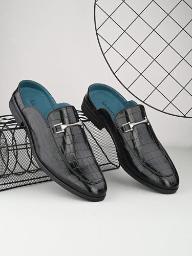 Image of San Frissco Men's Formal Loafers Leatherette Textured Trending Shoes with Buckle,Semi Casual Cushioned Footbed Formal Mules for Party, Slip-On Loafers, Lightweight and Comfortable Shoes
