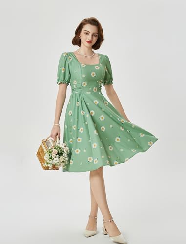 Image of Belle Poque Women's Vintage Midi Cottagecore Cocktail Dresses | Belle Poque Women's Vintage Cottage Core Dress,A-line,Midi,Square Neck,Homecoming Dress,Cocktail Dress,Sun Dress