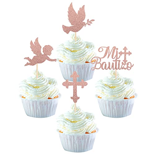 24 Pack Spanish Mi Bautizo Cupcake Toppers With Glitter Cross Angel Dove Baptism Cupcake Picks Religious God Bless Theme Baby Shower Kids Birthday Christmas Party Cake Decorations Rose Gold #TOP15