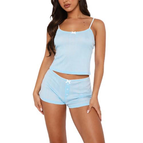 Image of Women's Two Piece Outfit Lace Trim Top and Shorts Set 2 Piece Lounge Sets Ladies PJs Summer Clothes