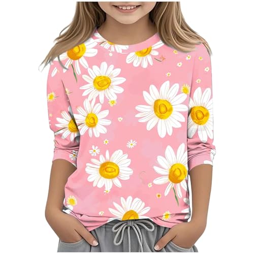 Girls Daisy Print 3/4 Sleeve Tops Crewneck Loose T-Shirts Dressy Casual 2025 Fall Blouse for Kids 3-12 Years