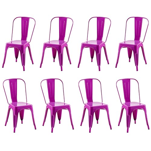 Image of Metal Dining Chairs with Backrest, Stackable, Purple, 8 Pack | Easy Assembly, Non-Slip Feet, 330 lb Capacity, Kitchen, Restaurant, Cafe, Pub, Covered Patio