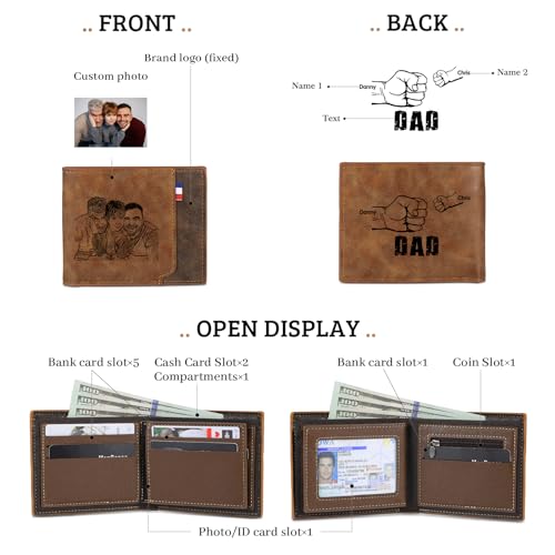 Custom Wallets for Dad Personalized Leather Wallets for Men Engraved Photo Names Customized Gift from Kids Daughter Wife Bifold Wallet (Style 2-coffee color)2