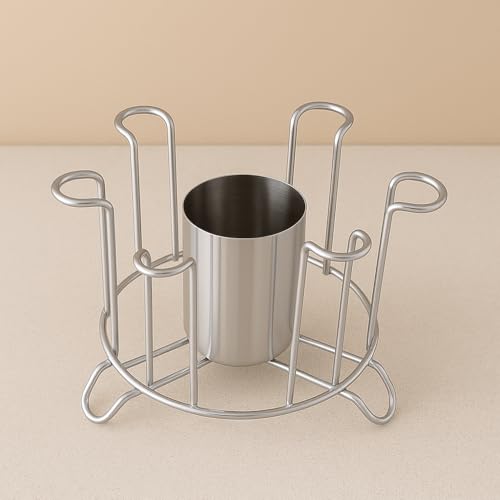 Image of Stainless Steel Glass Stand Holder for Kitchen & Dining | Rust-Proof Glass Organizer for 6 Glasses with Center Storage Cup | Space-Saving Glass Rack for Home, Hotels & Restaurants