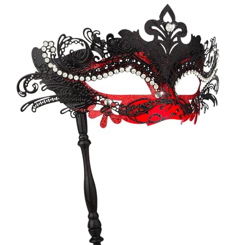Hoshin Masque vénitien avec bâton - Déco Gras - Pour femme - Rouge et noir