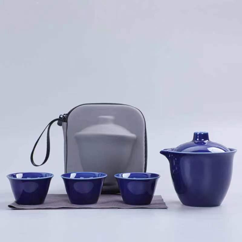 Image of Liang baobao Gaiwan with 3 Cups Travel Tea Set Organizer Blue Glazed Porcelain Teacups Chinese Tea Cups Portable Tea Set Camping Outdoor (Blue)