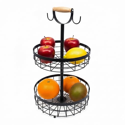 Relaxdays 2-Tier Fruit Basket Etagere, Stylish Metal Bowl for Fruit and Vegetables, Kitchen Storage, Metal, Black