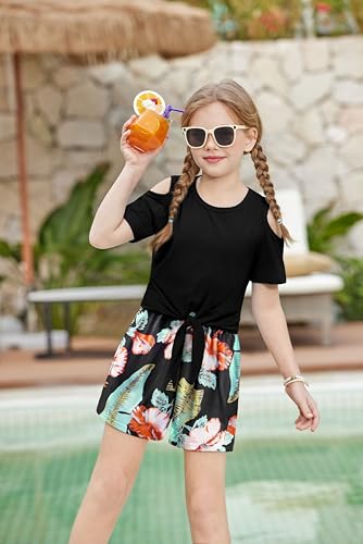 Image of Arshiner Girls Short Sets 2 Pieces Outfits Short Sleeve Tie Knot T-Shirts and Casual Shorts With Pockets Cute Clothes Sets