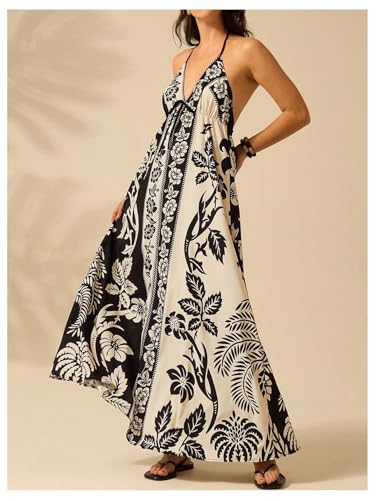 Image of SOLY HUX Women's Boho Floral Print Maxi Dress Halter Backless Flowy Long Vacation Beach Summer Dresses