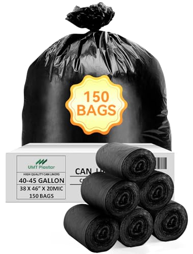 UMT Plastar 150 Count Heavy Duty Black Trash Bags, 40-45 Gallon, 38x46 Inches, 20 Micron Thick Large Garbage Bags UMT Plastar 150 Count Heavy Duty Black Trash Bags, 40-45 Gallon, 38x46 Inches, 20 Micron Thick Large Garbage Bags