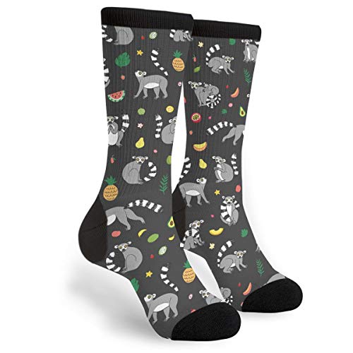 Bufhje Unisex Fun Novelty Crazy Crew Socks Lemur Animal With Tropical Fruits Dress Socks