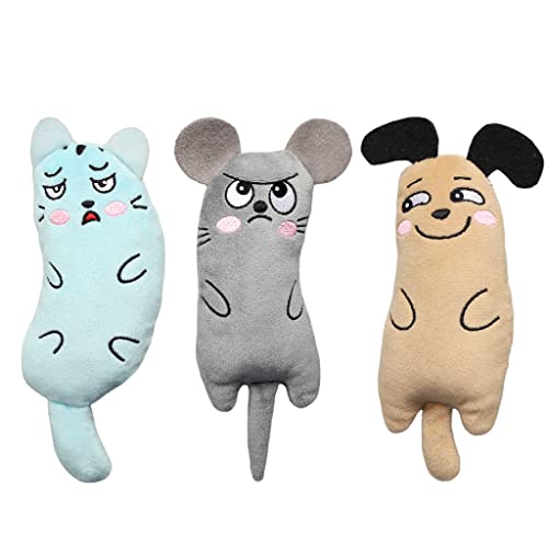 IFOYO Lot de 3 jouets à herbe à chat - Résistants aux morsures - Jouets mignons pour chats, souris de dessin animé - Jouet à mâcher interactif pour chaton (bleu, marron, gris) Cover