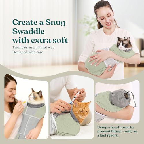Image of Supet Cat Grooming Wrap for Cutting Nails, Self-Adhesive Calm Cat Swaddle | Bite-Proof Mesh Hood & Thick Waist Strap Anti-Escape Anti-Scratch Bag for Nail Trimming, Medication, Ear Cleaning (Green L)