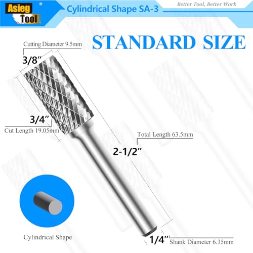 Image of SA-3 Tungsten Carbide Burr Rotary File Cylindrical Shape Double Cut for Die Grinder Drill Bits 1 /4'' Inch Diameter of Shank and 3 /8'' Inch Diameter of Cutter 3 /4'' Inch Cutter Length