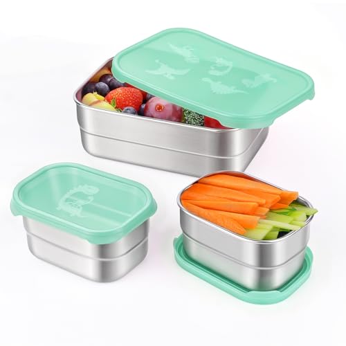 Image of Tanjiae 3 CUP+1 CUP Stainless Steel Lunch Snack Containers Set | Leak Proof 304 Stainless Steel Food Containers with Silicone Lids - Perfect Metal Lunch Box for Home and Travel (25oz+8oz*2)
