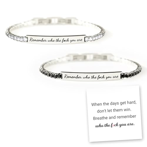Remember Who The Fuck You Are Crystal Bracelet, Remember Who The F You Are Motivational Tube Bracelet, Engraved Handmade Bracelet, Unique Gift for Women Men - Comes with Motivational Card (2PCS)