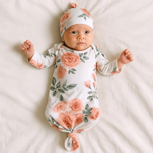 MVUOCR Newborn Baby Girl's Knotted Gowns Floral Baby Sleeper Infant Nightgowns Gift and Soft Coming Home Outfit with Hat Inkgreen2