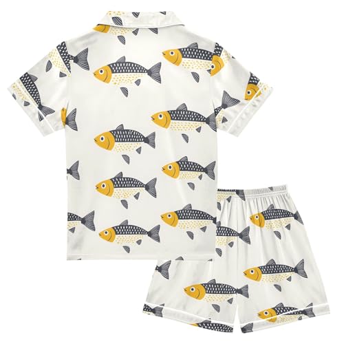 ALAZA Fish Yellow Satin Pajamas Set Short Sleeve Button Down Sleepwear Summer Pjs 2 Piece2