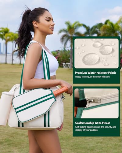 Movker Pickleball Bag for Women 2-in-1 Tote & Crossbody with Fence Hook Holds 2 Paddles & Detachable Ball Bag Court to Street(Beige)