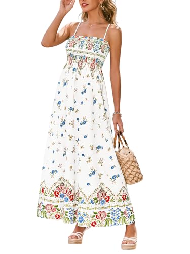 CUPSHE Vestido largo de verano para mujer, estampado floral, sin mangas, con volantes, tirantes delgados, vestido largo para el tiempo libre, Ramo de flores blancas, M