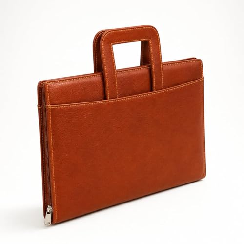 Image of STREPE ZK TAN Leather File Organizer Bag with Handle, Zipper Portfolio Folder for Documents, Certificates, Cards & Tablet, Office Business Travel Case for Men & Women