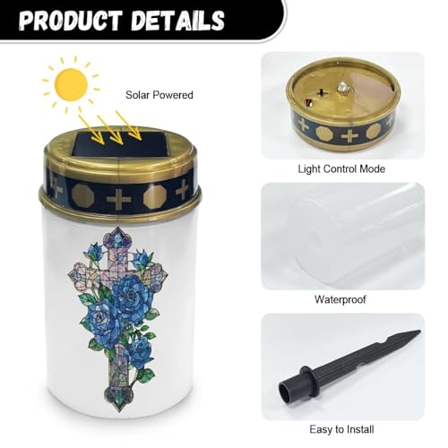 Image of Cross and Blue Rose Solar Memorial Lights for Graves Flameless Candle Lamp Waterproof Solar Powered Light for Prayer Grave Cemetery Garden Decor 2 Pcs