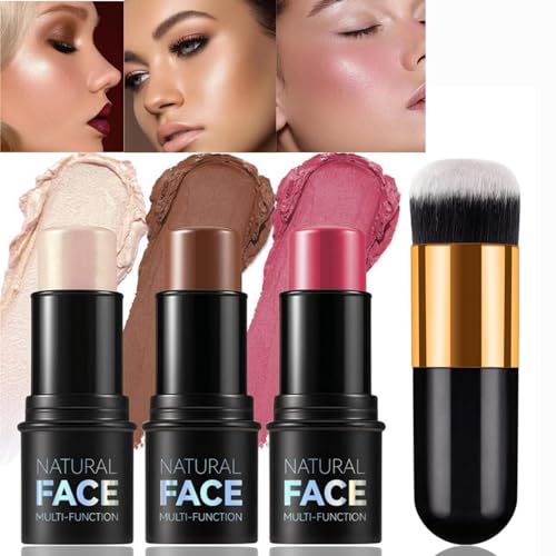3-in-1 Contour Highlighter Blush Sticks Set – Creme-Stifte Für Kontur, Rouge & Highlight, Langanhaltend & Natürlich