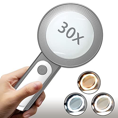 Magnifying Glasses, Yeeseok 30X Magnifying Glass for Reading Book with 18 LED Light Gift for Low Vision Seniors, Macular Degeneration, Kids Science (Gray+White)