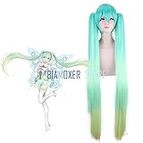  Perruque pour Cosplay Anime Cosplay Perruque Vert Dégradé 2 Queues de Cheval Cheveux Perruque Cap Vocaloid Hatsune Miku Car Racing Cosplay Anime Pleine Longue Perruque Droite 120 cm Casquette