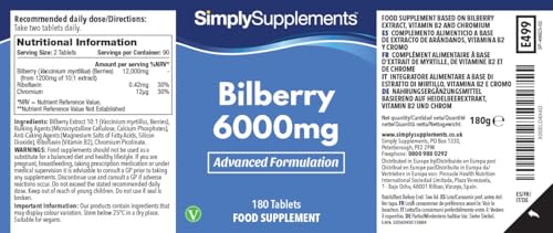 Heidelbeere Plus Extrakt 6000mg - 180 Tabletten - Geeignet für Veganer - Versorgung für 3 Monate - SimplySupplements