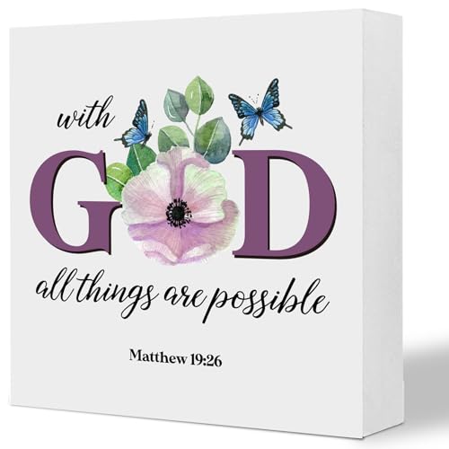 LCTXIYCROS With God All Things Are Possible - Matthew 19:26 Wooden Box Sign Desk Decor, Christian Faith Based Wooden Plaque Sign for Home Office Shelf Table, Easter Christian Gifts for Women Sister Friend (5x5 Inches)