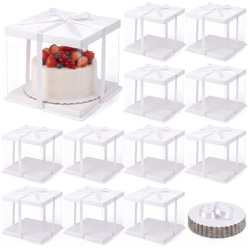 Sawysine 12 Pack Large Clear Cake Box with Round Boards and Ribbon, White