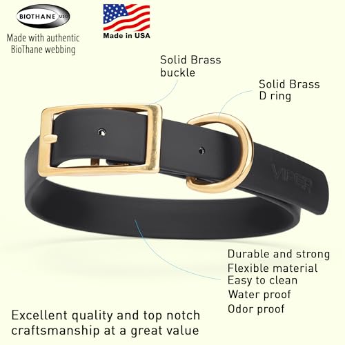 Image of Viper Biothane Heavy Duty Waterproof Dog Collar Strong Coated Nylon Webbing w /Solid Brass Hardware Odor-Proof Easy to Clean High Performance Fits Small Medium or Large Dogs, Black