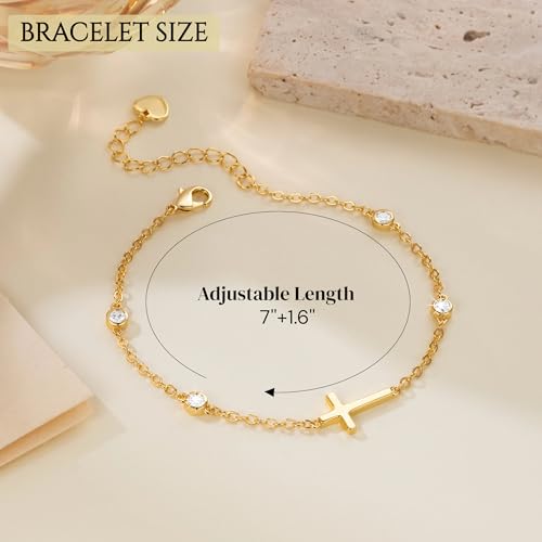 14K Gold Bracelets for Women Gold Cross Bracelet Crosses Bracelet for Womens Unique Chic Horizontal-Shaped Cross with Cubic Zircon Womens Chain Bracelets Adjustable Size (7-8.6) in2