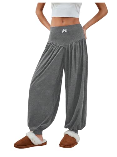 MakeMeChic Women's Bow Knot Elastic Waist Pants Loose Fit Plain Summer Baggy Trousers